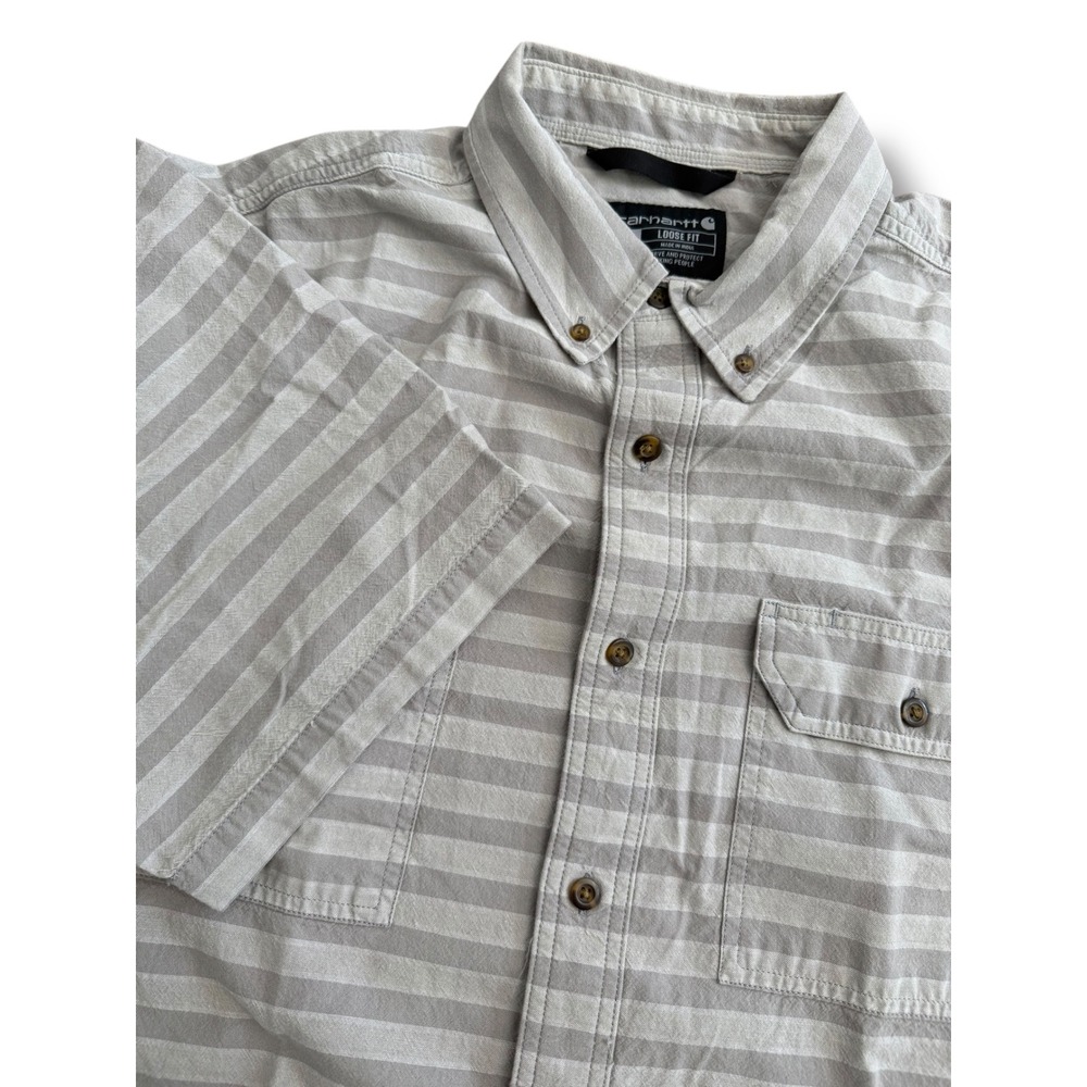 Carhartt Mens Short‎ Sleeve Button Up Shirt Loose Fit Gray Stripe XL 105175076
